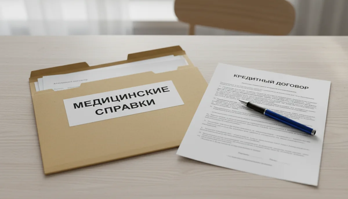 папка с медицинскими справками, кредитный договор, шариковая ручка на светлом столе